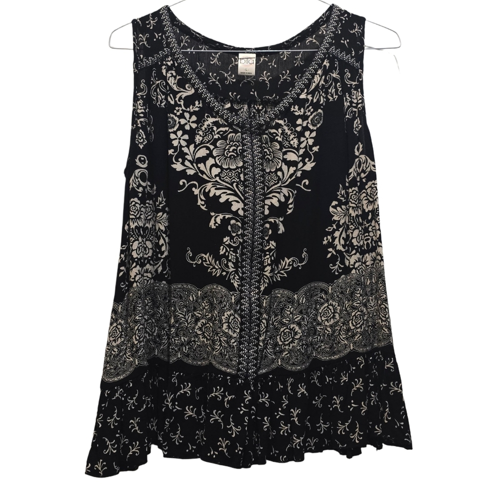 Bila Black and Cream Sleeveless Printed Blouse